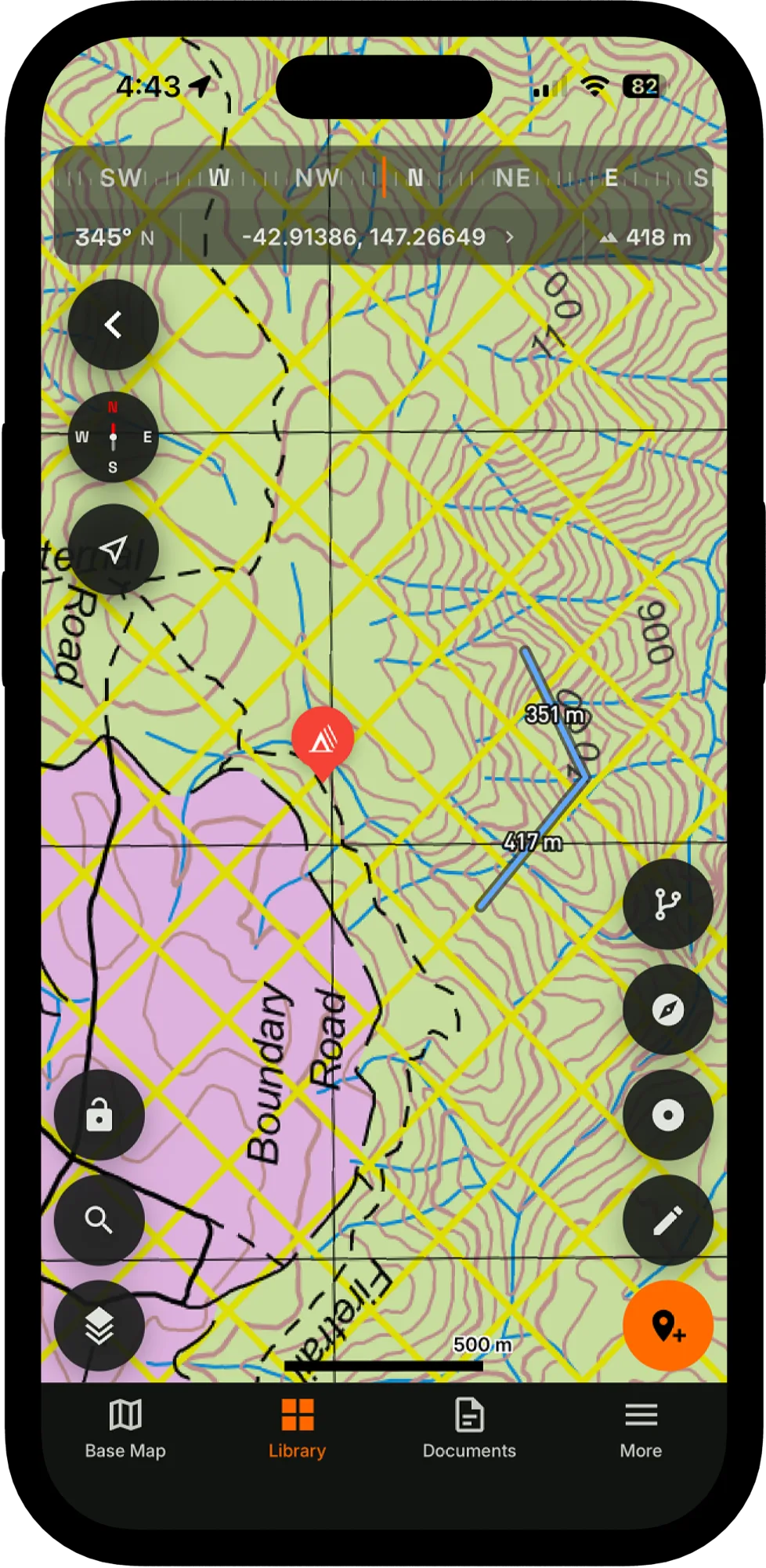 Map view with location, waypoints and quick actions
